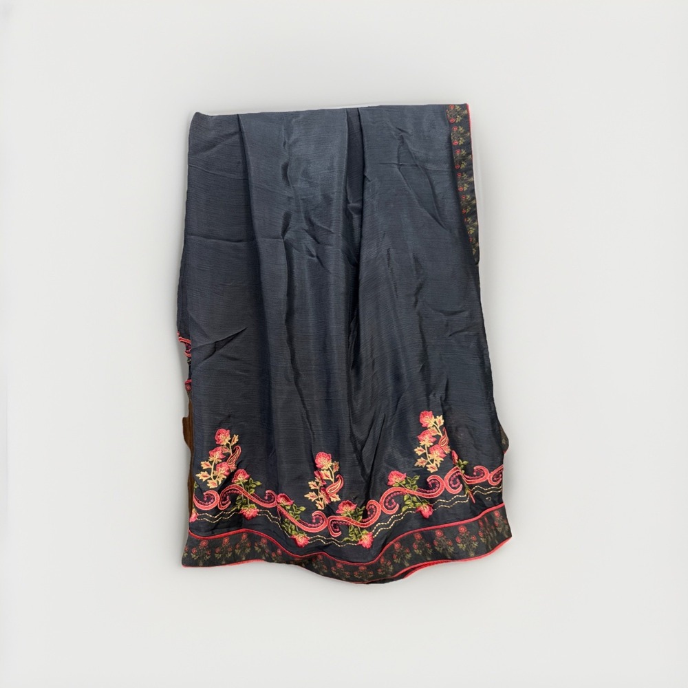 Kashmir Embroidered Silk Shawl Dupatta Navy Floral Sonzi 47x92 Shoulder Drape
